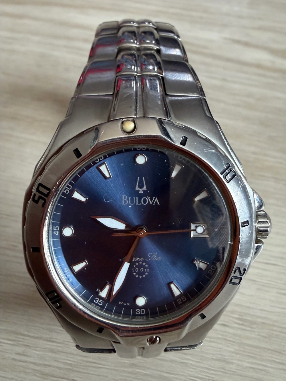 Vintage Bulova Marine Star 96G01 Blue Dial Date Mens Quartz Watch